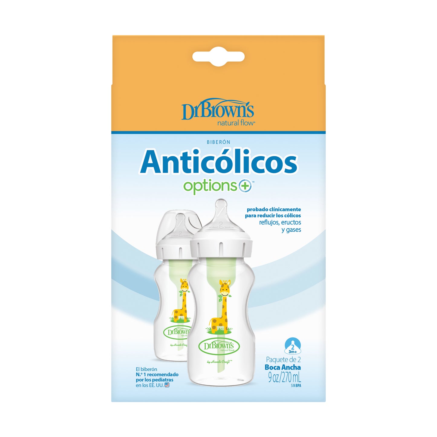 Pack 2 Mamaderas Anticólico Boca Ancha 270ml, Jirafa c/Tetina 3M+