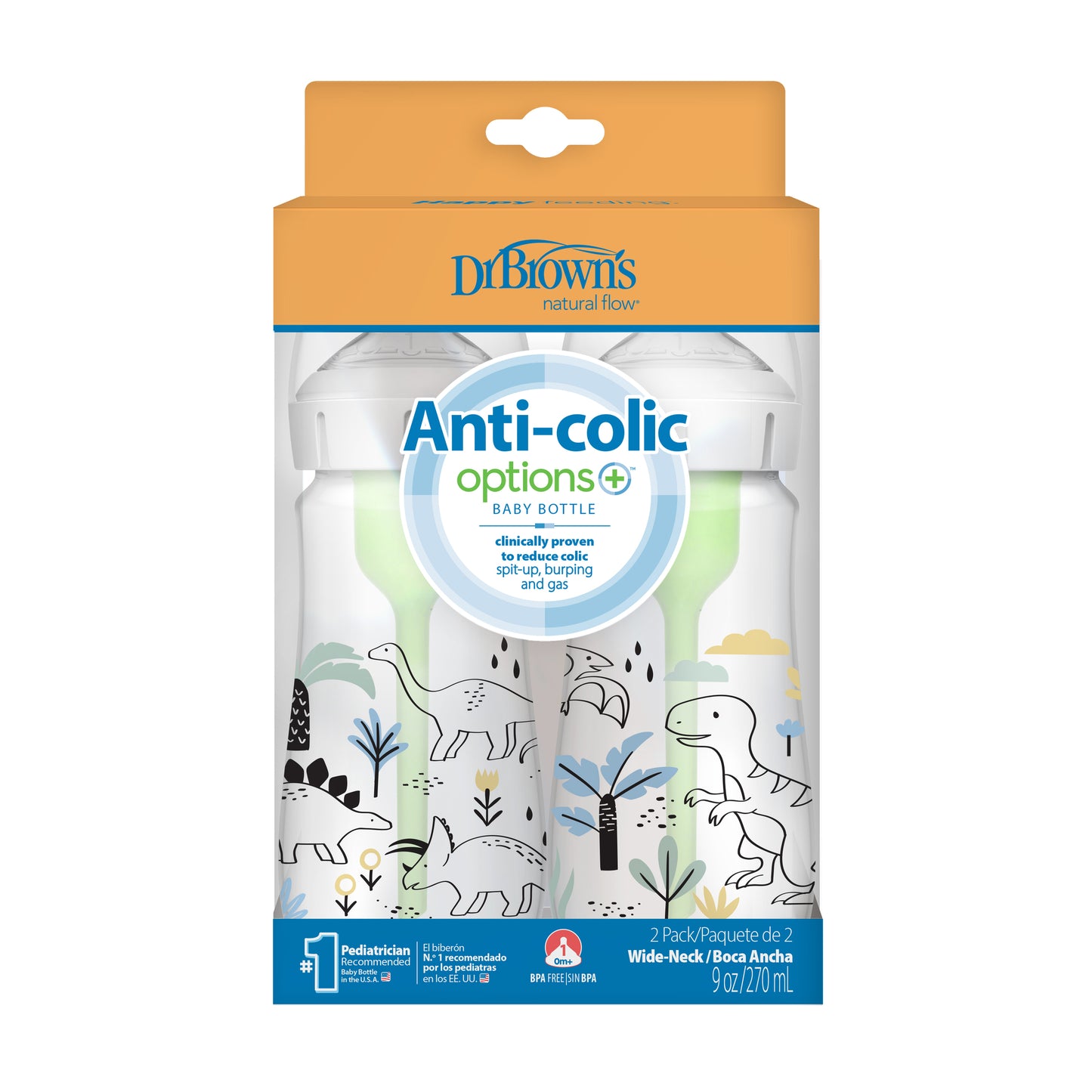 Pack 2 Mamaderas Anticólico Boca Ancha 270ml, Dinosaurios