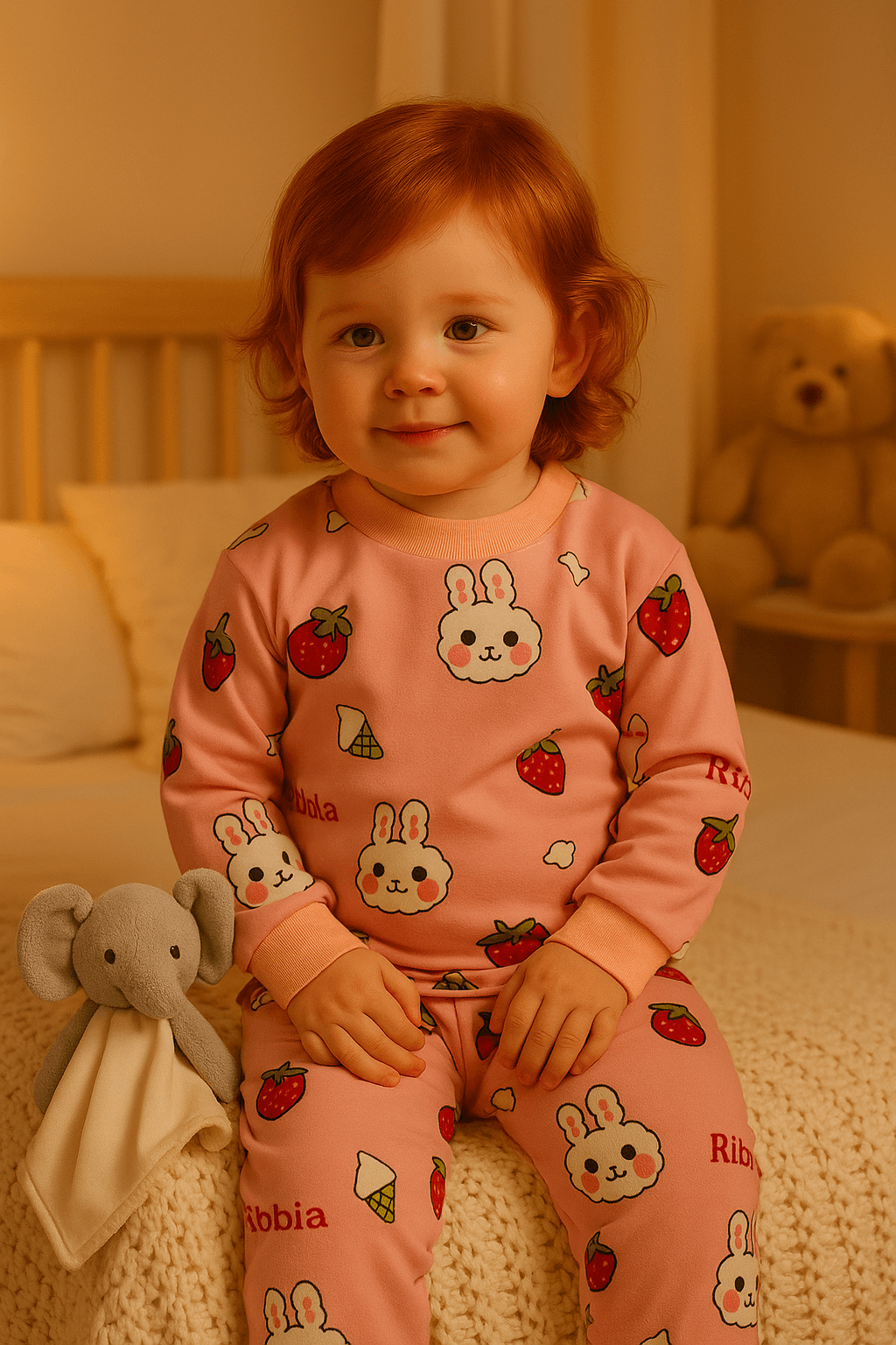 Pijama de Franela Rosa Conejitos y Frutillas – Otoño Invierno 9-24M