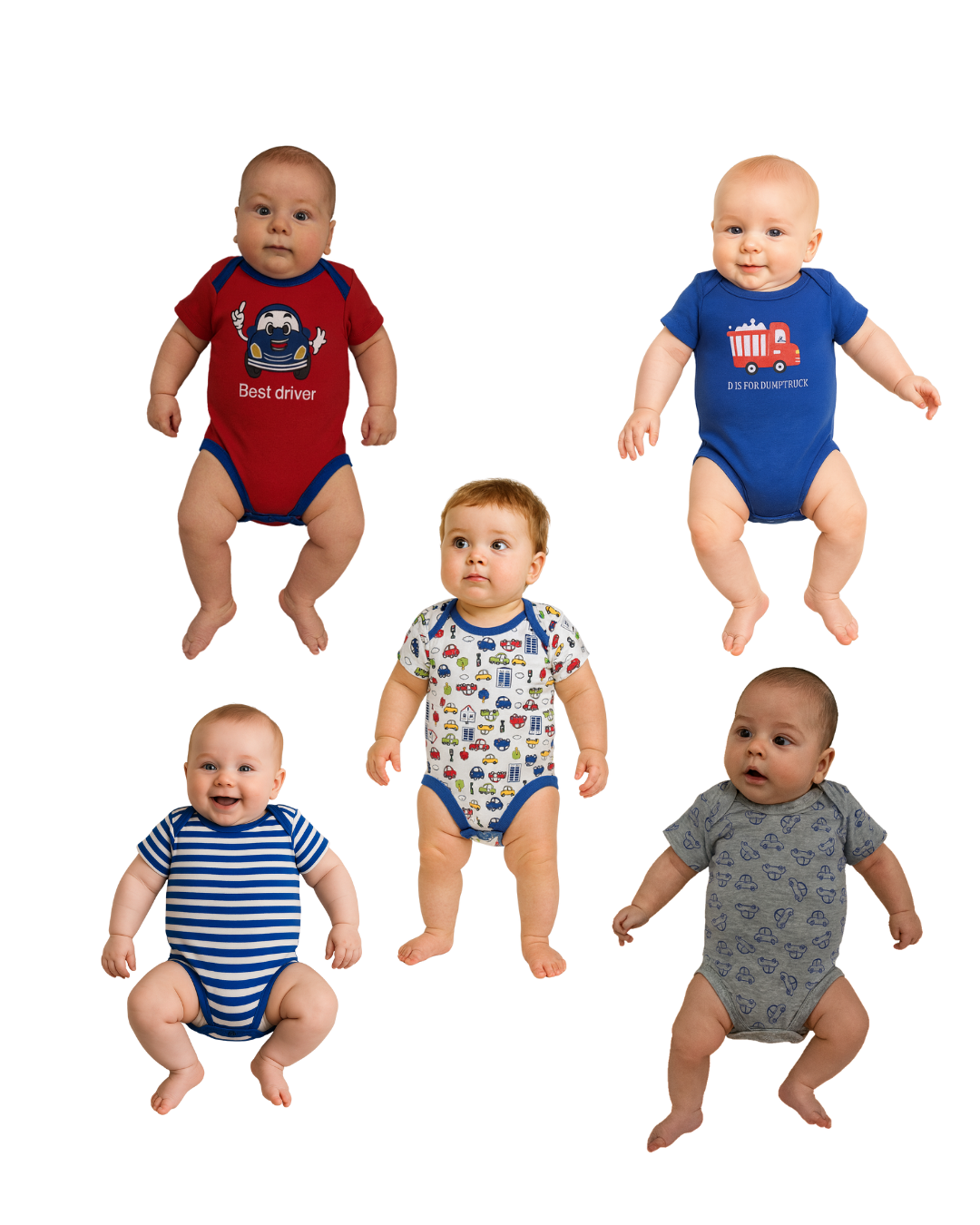 Bodys de niño 100% algodón – Set de 5 diseños divertidos | Rinitos