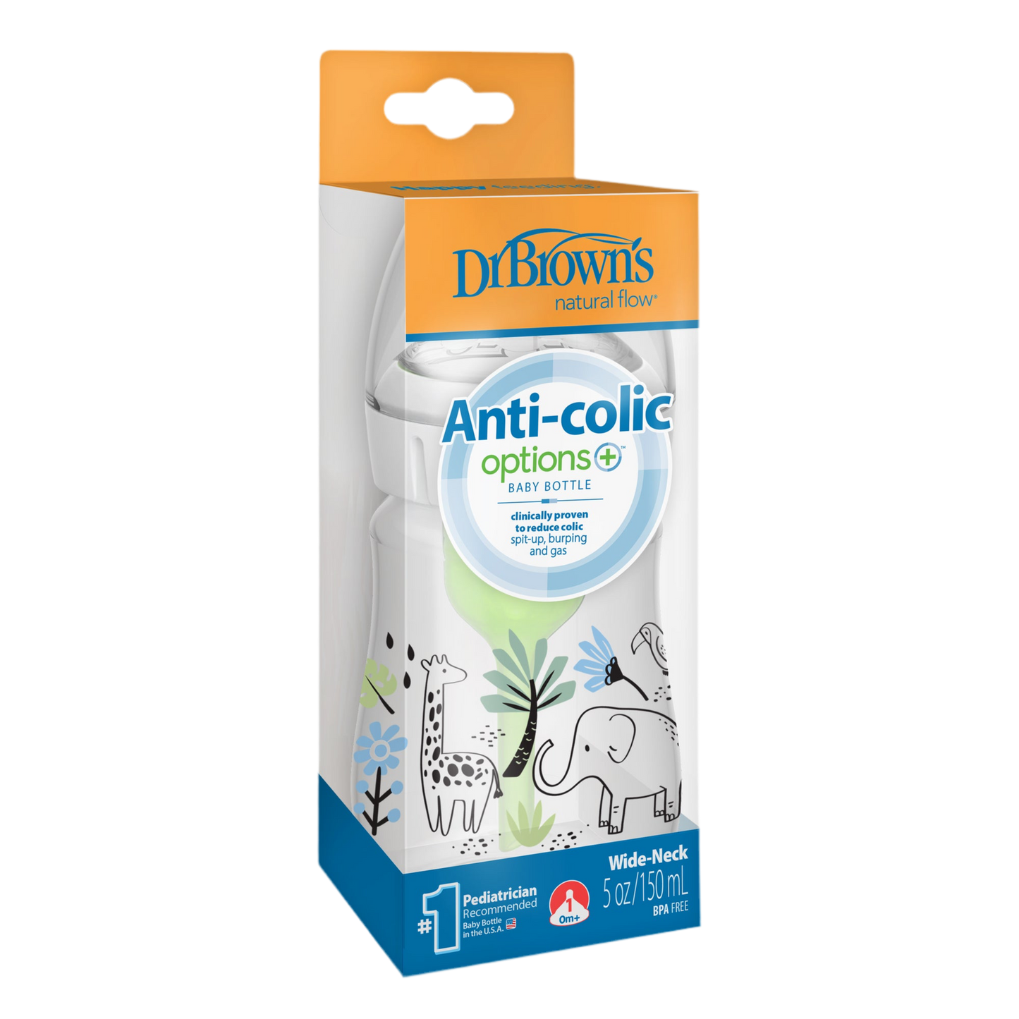 Mamadera Anticólico Boca Ancha 150ml, Elefante & Jirafa en la Jungla