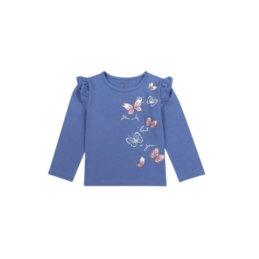 Polera Manga Larga Azul Niña Mariposas