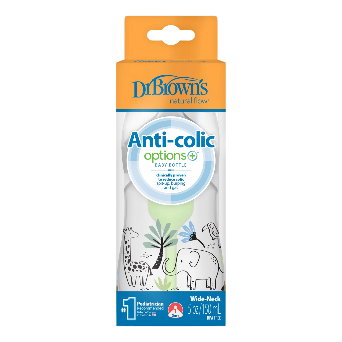 Mamadera Anticólico Boca Ancha 150ml, Elefante & Jirafa en la Jungla