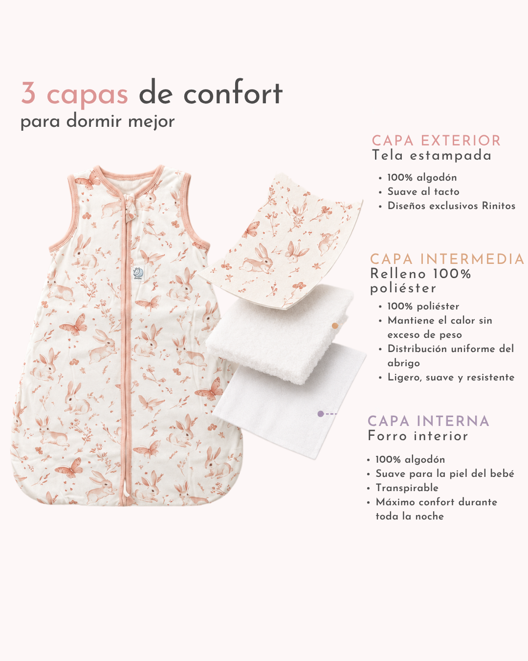 Saquito Gota para dormir de bebé - Cierre frontal - Conejitos (TOG 1,5)
