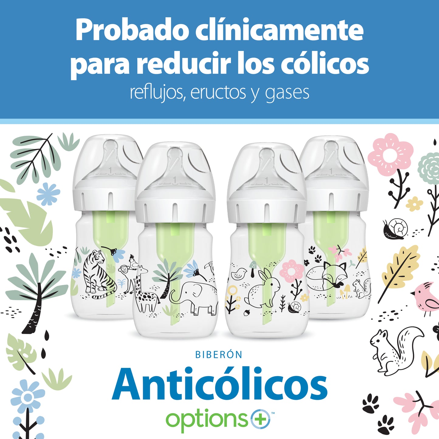 Mamadera Anticólico Boca Ancha 150ml, Elefante & Jirafa en la Jungla
